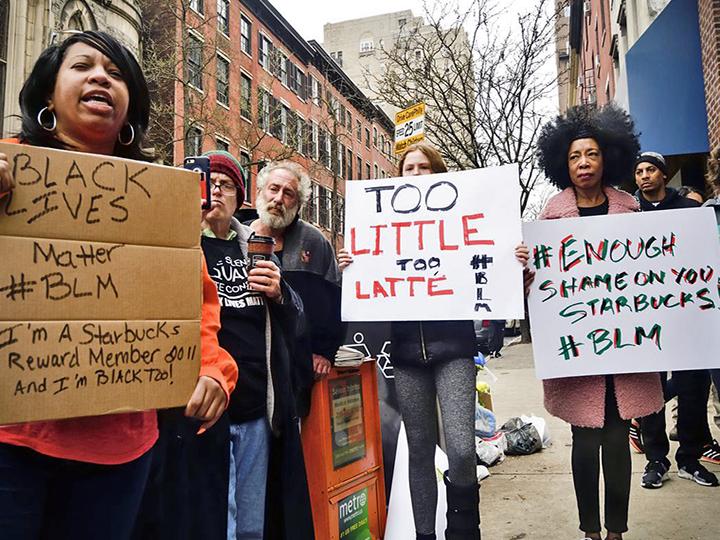 Protesters outside a Starbucks in Philadelphia